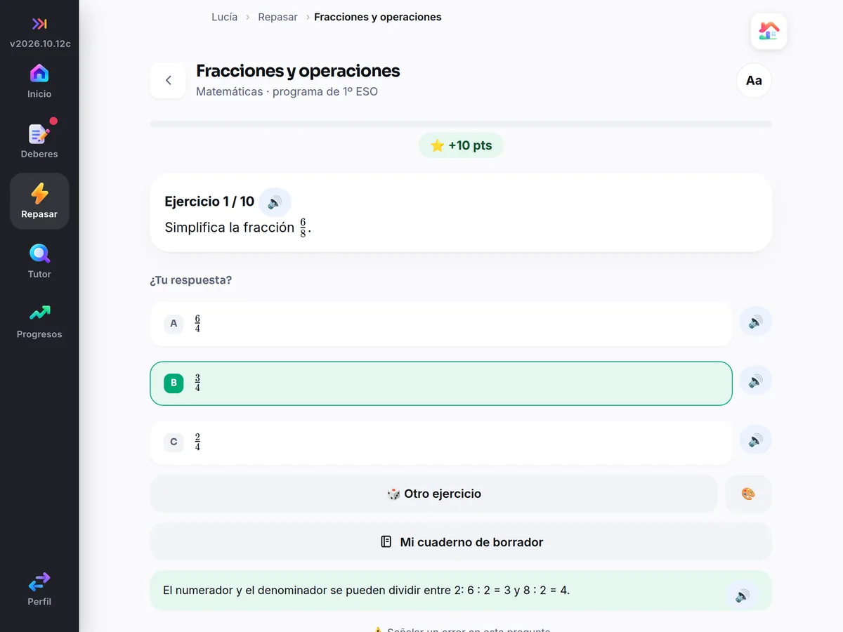 Un ejercicio de fracciones en la tableta, con la explicación tras la respuesta
