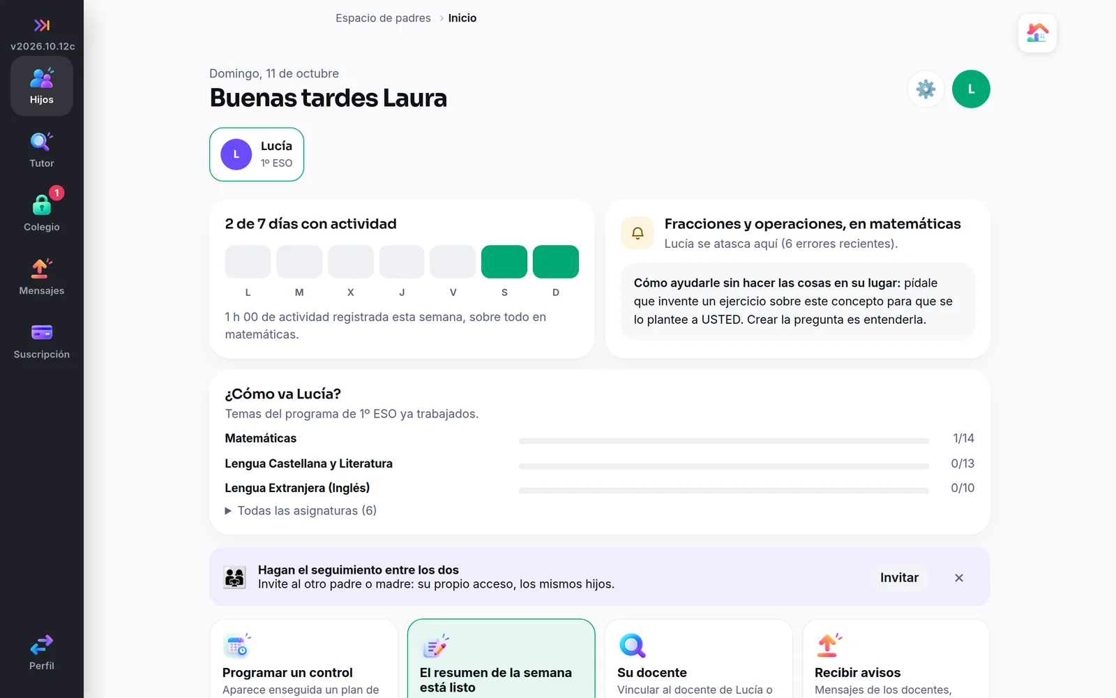 Espacio de familia en el ordenador: días de actividad, el tema en el que Lucía se atasca y los temas ya trabajados